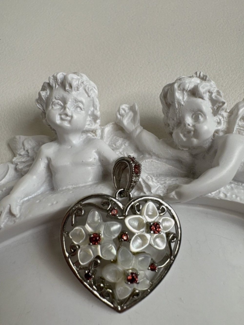 Dee Berkley Jewelry 925 Sterling Silver Mother Of Pearl & Ruby Heart Pendant